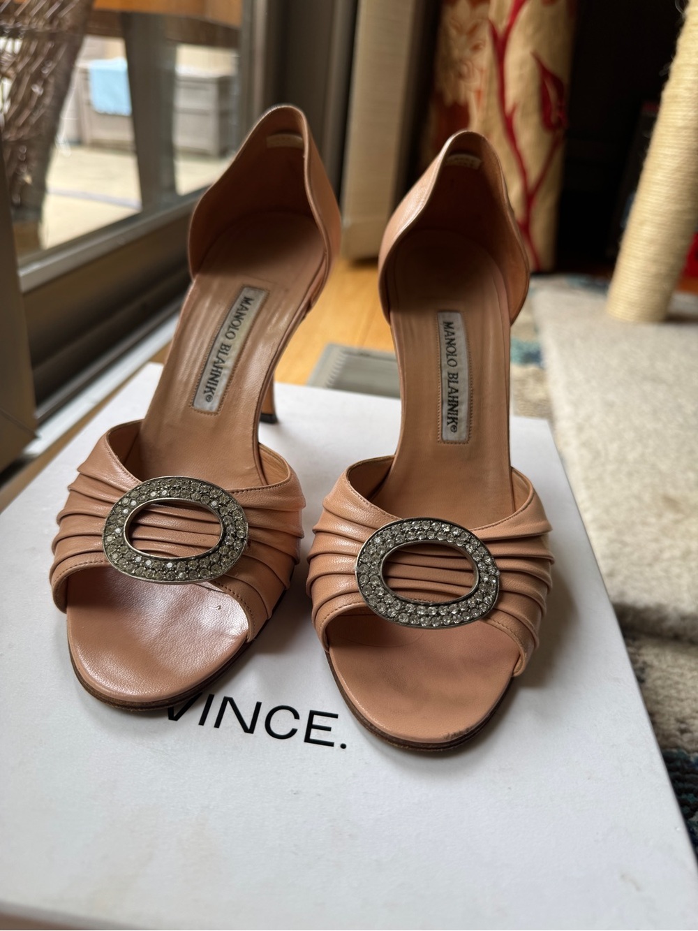 Manolo Blahnik Sedaraby Pink Leather Open-Toe Heels EU 38.5